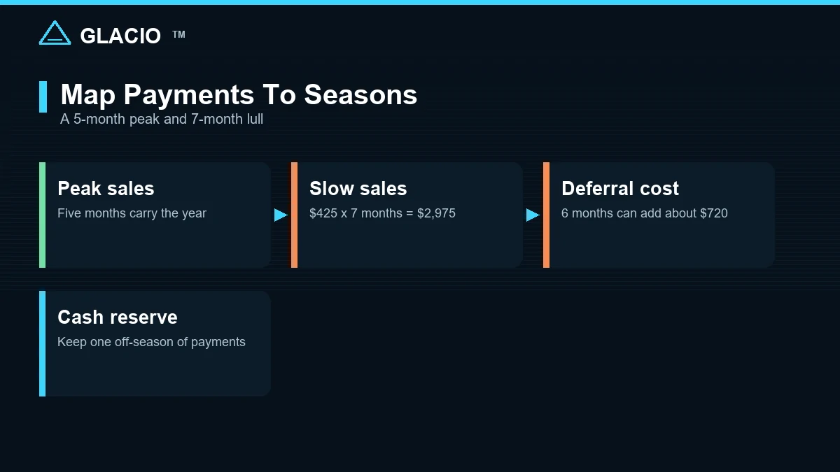 Seasonal cash flow chart showing five peak months, seven slow months, and the cost of a six-month lease deferral