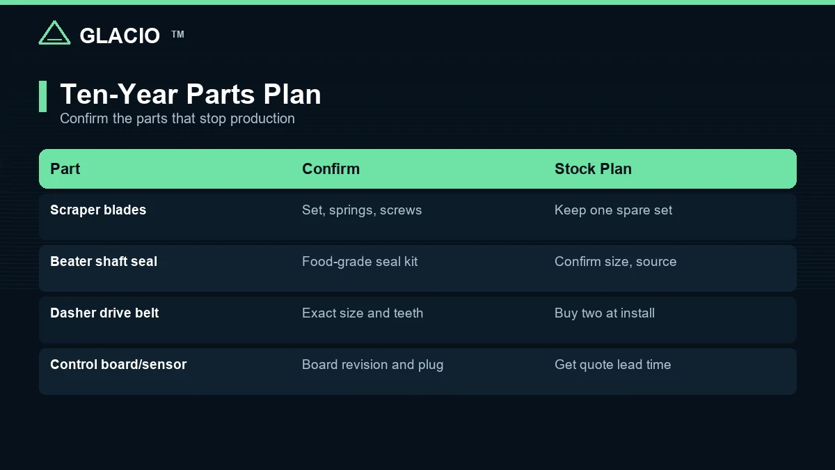 Spare parts table for a commercial ice cream machine warranty review