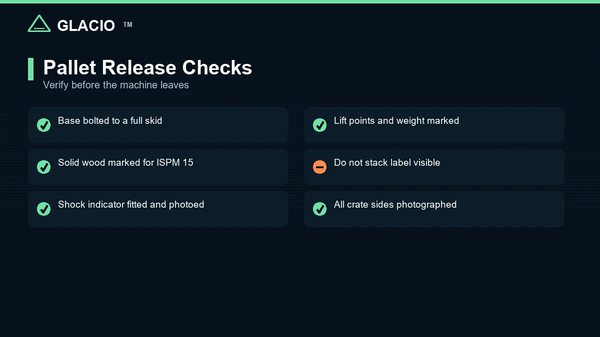 Checklist of pallet, crate, wood treatment, and impact-monitoring requirements for an ice cream machine