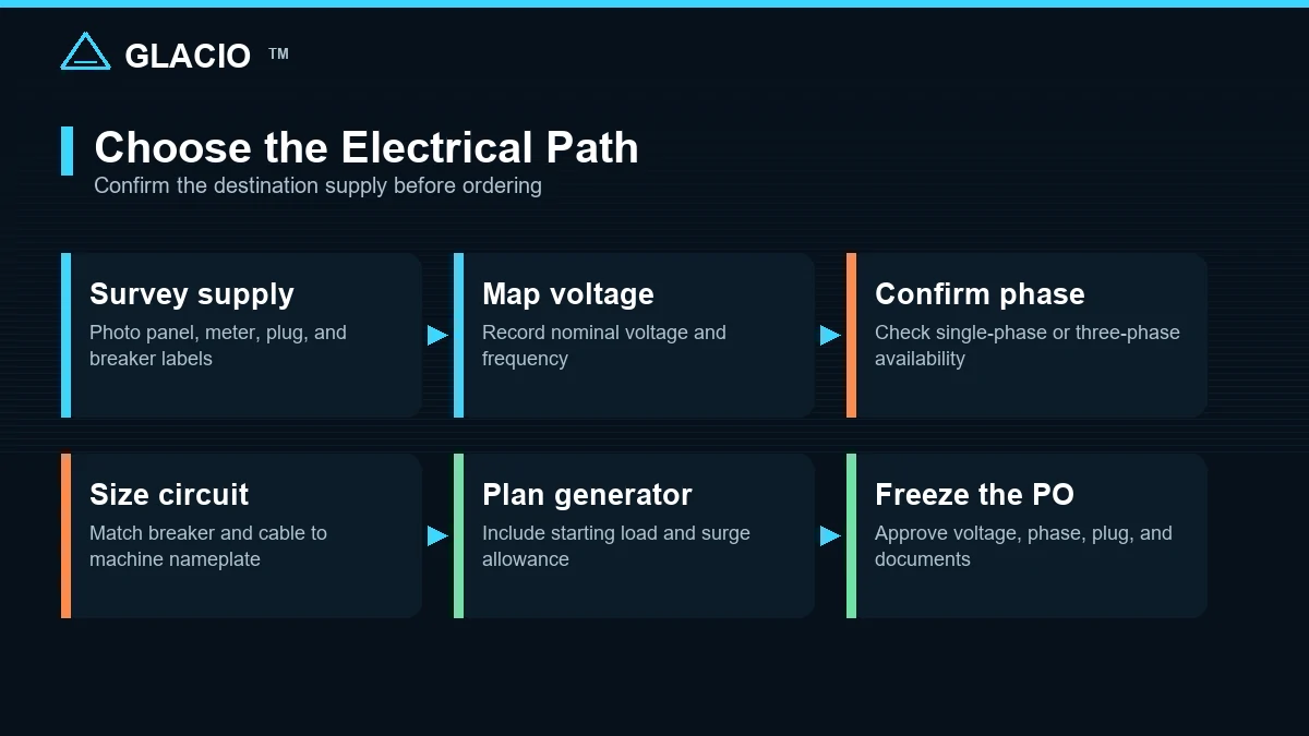 Flow diagram showing the electrical decisions international buyers must confirm before ordering an ice cream machine