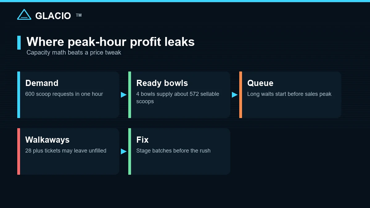 Flow card showing peak-hour demand, ready bowls, queue risk, walkaways, and batch staging