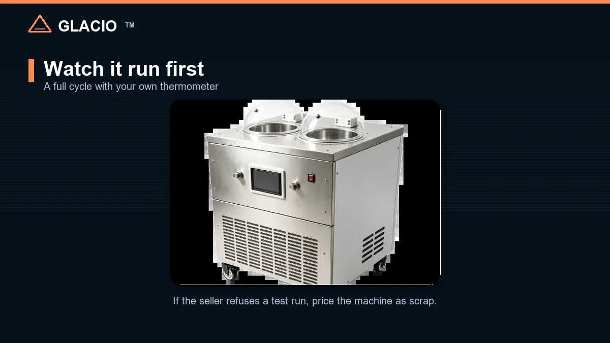 Used commercial ice cream machine being inspected in a workshop