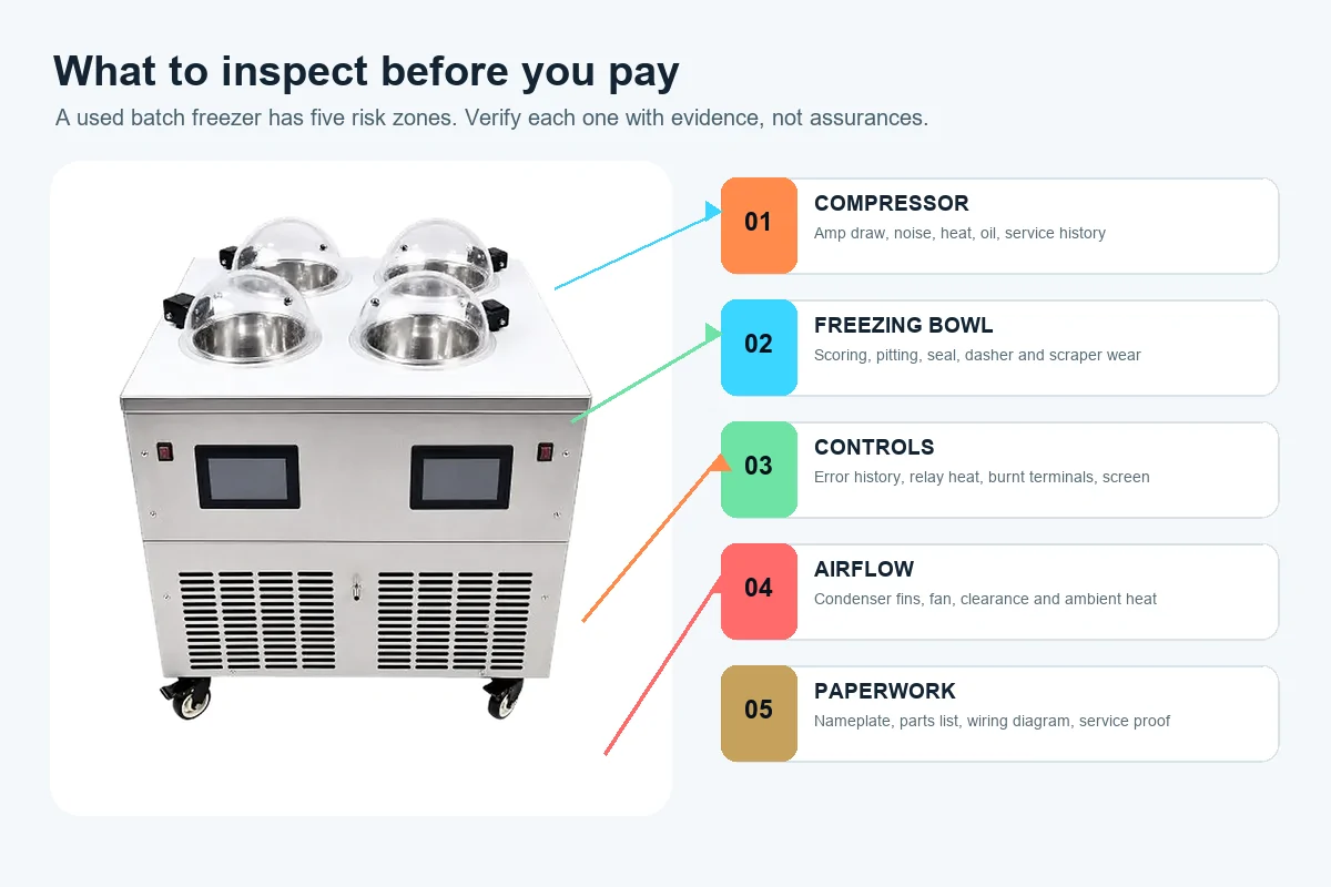 Used commercial ice cream machine inspection zones showing compressor, freezing bowl, controls, airflow and paperwork