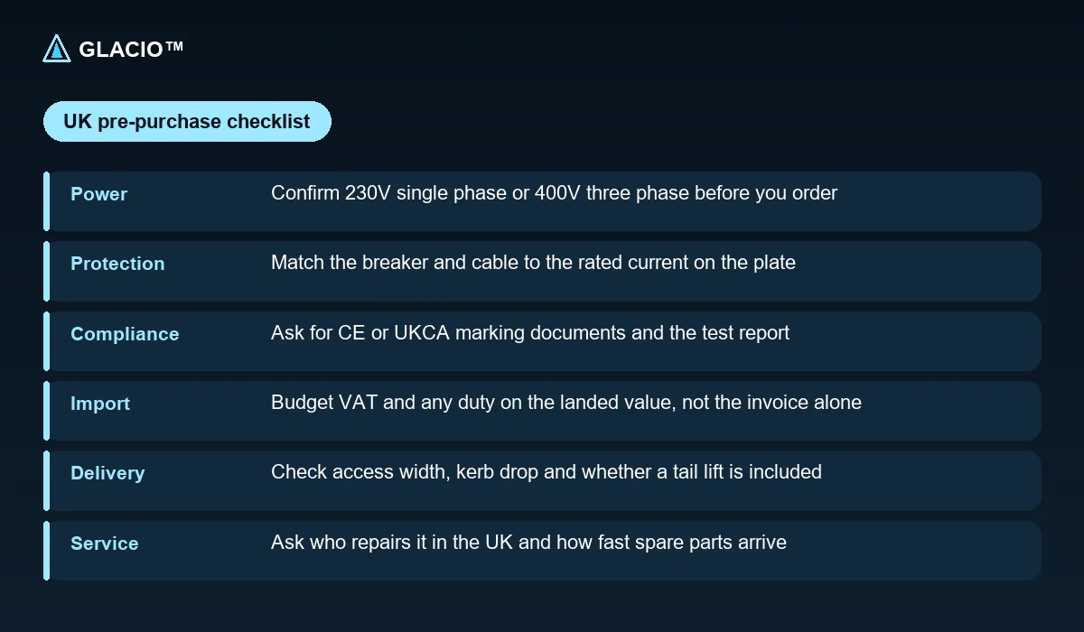 UK pre-purchase checklist for commercial ice cream machines: power, protection, compliance, import, delivery and service